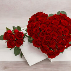 Heart formed by red roses and bouquet of red roses, on light wooden background and a white card for copy space. Love and lovers concept. AI