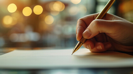 A close-up of a hand writing a personal appreciation note, with a blurred office background, Employee Appreciation Day, dynamic and dramatic compositions, with copy space