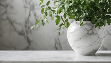 Vase and plants isolated on white marble table and white marble backgrounds with copy space, kitchen
