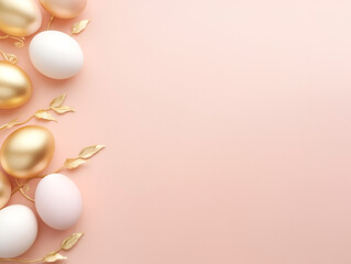 Naklejka na ściany i meble Easter eggs are white and gold on a pastel pink background with a copy space