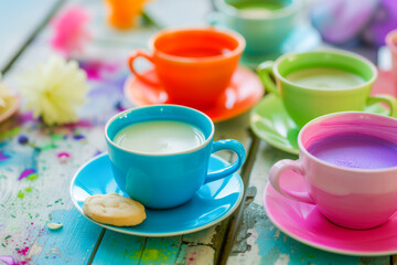 Obraz na płótnie Canvas colorful tea cups, representing different colors, drinks concept, generative ai