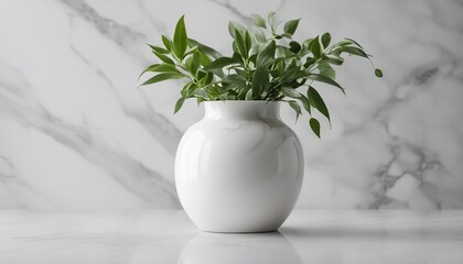 Vase and plants isolated on white marble table and white marble backgrounds with copy space, kitchen
