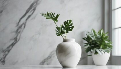 Vase and plants isolated on white marble table and white marble backgrounds with copy space, kitchen
