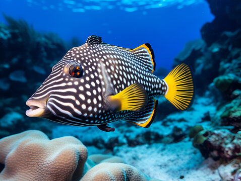 Picasso's spiny Triggerfish (Lat. Rhinecanthus aculeatus) with bright eyes and a beautiful muzzle against the background of the seabed. Marine life, exotic fish, subtropics