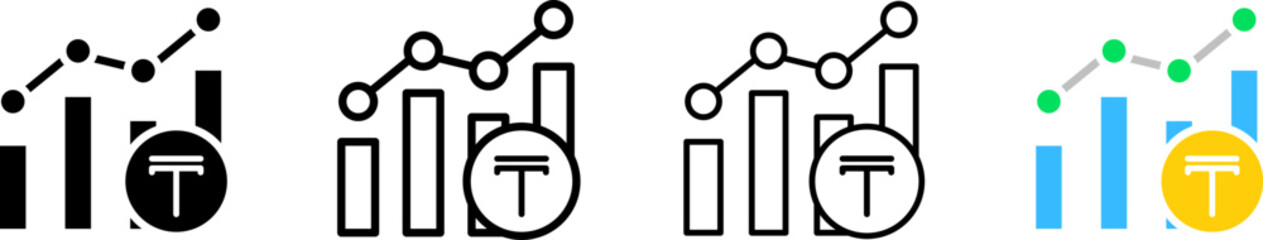 Tenge chart up icons. Different styles, set of Tenge charts up. Vector icons