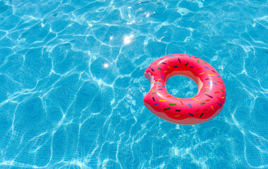 Pink Inflatable circle in the water of the pool on a sunny day. Summer holiday concept. Inflatable...