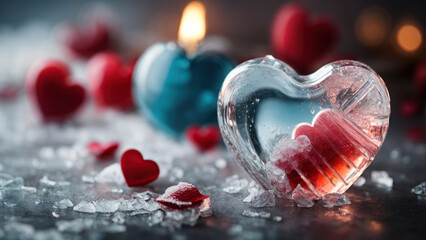 The icy heart gleams in the snow under the rays of the sun on Valentine's Day.