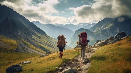 Fototapeta premium Mountain climbers carrying backpack carriers, climbing rocky mountain peaks. Wildlife camp outdoor adventure.