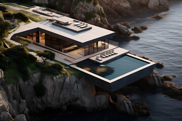 Architektur, modernes Haus, an den Klippen über dem Meer, Villa mit Pool, erstellt mit generativer KI - 722996203