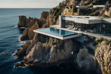 Architektur, modernes Haus, an den Klippen über dem Meer, Villa mit Pool, erstellt mit generativer KI - 722996224