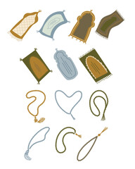 Ramadhan Element Set. Prayer Mat and Prayer Beads Vector Set