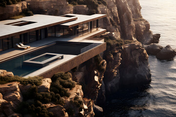 Architektur, modernes Haus, an den Klippen über dem Meer, Villa mit Pool, erstellt mit generativer KI - 722996280