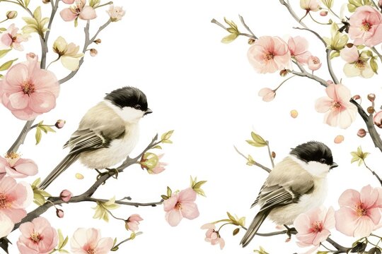 Chickadees on Watercolor Flowering Branch. Elegant chickadees perched on a branch with watercolor flowers.