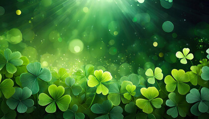 St. Patrick's Day abstract green background decorated with shamrock leaves. Patrick Day pub part - obrazy, fototapety, plakaty