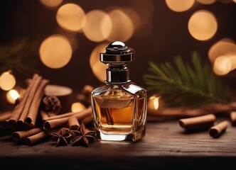 men's perfume bottle with masculine scent and decorative pieces of pine, cedar, sandalwood, cinnamon
