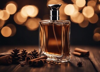men's perfume bottle with masculine scent and decorative pieces of pine, cedar, sandalwood, cinnamon
