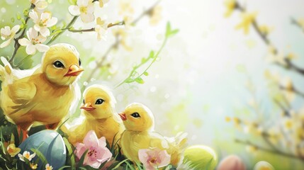Chicks and Cherry Blossoms Watercolor. Chicks among cherry blossoms in a watercolor style.