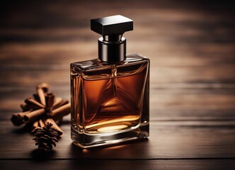 men's perfume bottle with masculine scent and decorative pieces of pine, cedar, sandalwood, cinnamon
