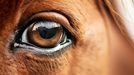 Animal rights concept close-up view of a horse eye reflections emotion.