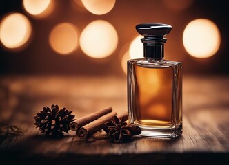 men's perfume bottle with masculine scent and decorative pieces of pine, cedar, sandalwood, cinnamon
