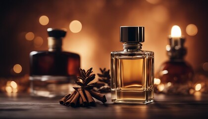 men's perfume bottle with masculine scent and decorative pieces of pine, cedar, sandalwood, cinnamon
 - obrazy, fototapety, plakaty