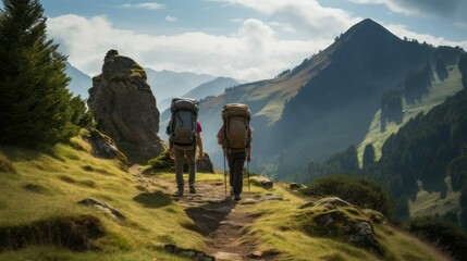 Obraz premium Mountain climbers carrying backpack carriers, climbing rocky mountain peaks. Wildlife camp outdoor adventure.