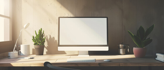 Minimalist workspace with sunlight casting shadows, symbolizing calm productivity