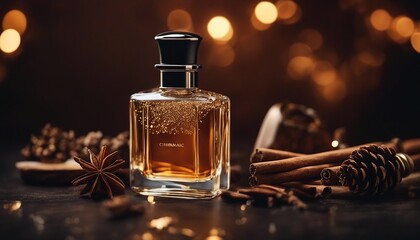 men's perfume bottle with masculine scent and decorative pieces of pine, cedar, sandalwood, cinnamon
