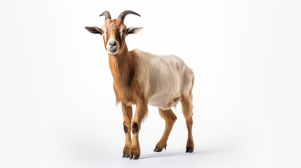 Animal rights concept A brown and white goat with curved horns standing against a white background.