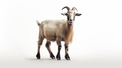 Animal rights concept A goat with a light brown coat and dark legs, standing against a white background