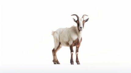 Animal rights concept A goat with white fur, brown markings, and curved horns.