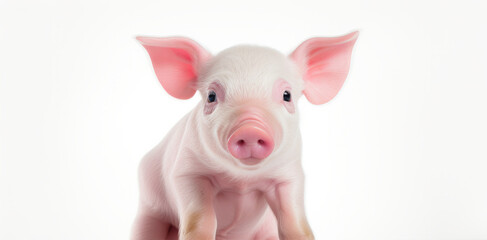 Animal rights concept A cute small piglet with pink skin and large ears against a white background.