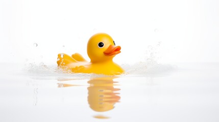 A yellow rubber duck floats on water, creating a splash.