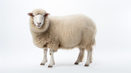 Animal rights concept A calm white sheep with a thick woolly coat, standing against a plain white background.