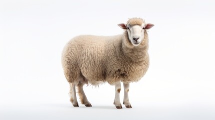 Animal rights concept A sheep with a full fluffy coat of wool standing against a white background - obrazy, fototapety, plakaty