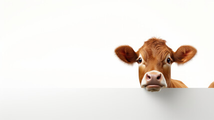 Animal rights concept A curious brown cow peeking over a white wall against a white background.