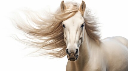Animal rights concept white horse with its mane flowing on white background