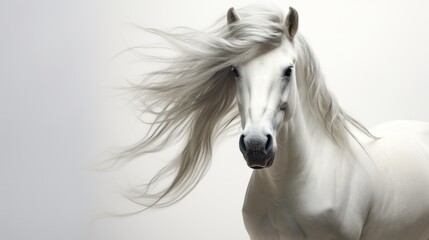 Animal rights concept white horse with its mane flowing beauty and grace. - obrazy, fototapety, plakaty