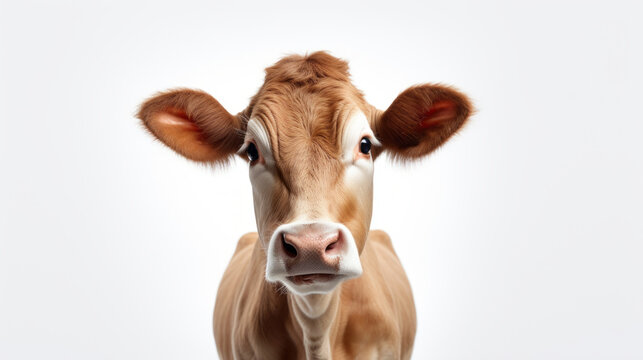 A close-up of a brown and white cow with a focused expression isolated on a white background
