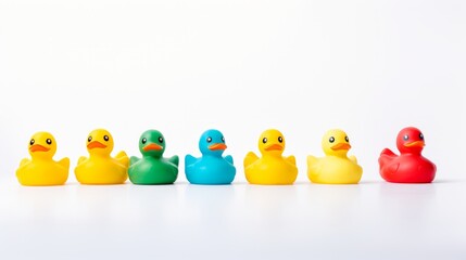 a colorful array of rubber ducks in a row isolated on white