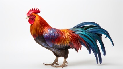 Fototapeta premium A vibrant colorful rooster multicolored feathers against a plain background