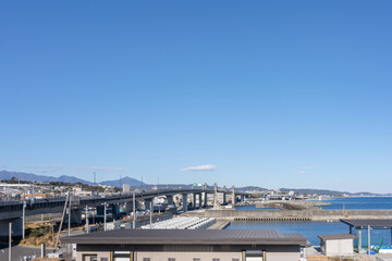 神奈川県小田原市　TOTOCO小田原から見た小田原港近辺の風景