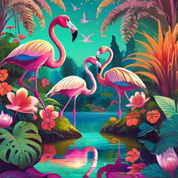 Belo jardim mágico com um lago, flamingos, flores coloridas e plantas tropicais arte synthwa