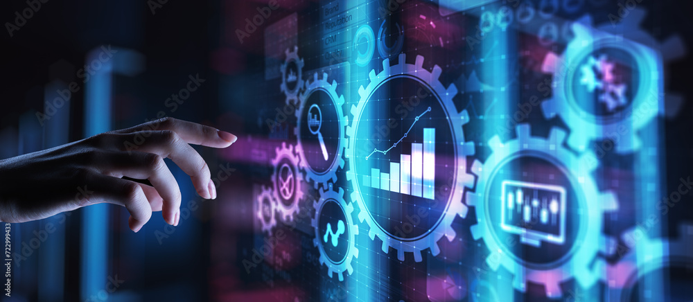 Poster big data analysis, business process analytics diagrams with gears and icons on virtual screen.