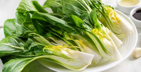 Organic and fresh bok choy or pak choi or pok choi.Brassica rapa. Vegetables - obrazy, fototapety, plakaty