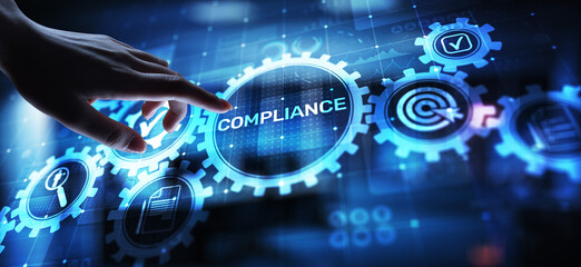 Compliance concept with icons and text. Regulations, law, standards, requirements, audit diagram on...