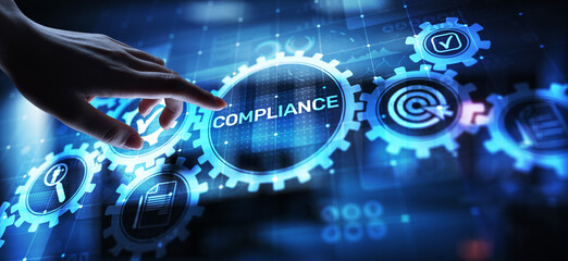 Compliance concept with icons and text. Regulations, law, standards, requirements, audit diagram on virtual screen.