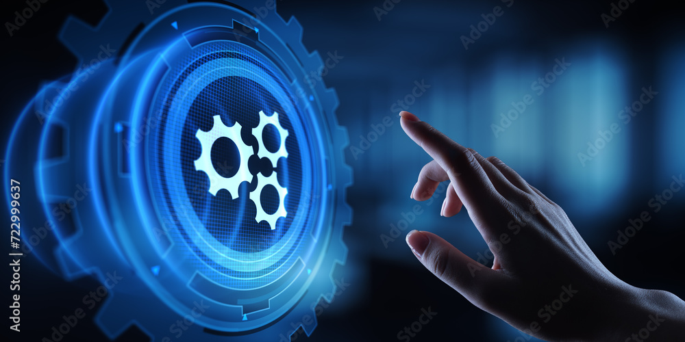 Poster gears mechanism on virtual screen. automation and business process flow. business and technology con