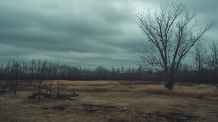 Fototapeta na wymiar Desolate landscape under overcast skies, barren trees and faded colors, conveying a sense of hopelessness and solitude. Early spring or late fall or autumn