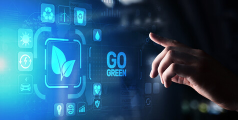 GO green eco technology ecology earth planet saving alternative energy. Button on virtual screen.